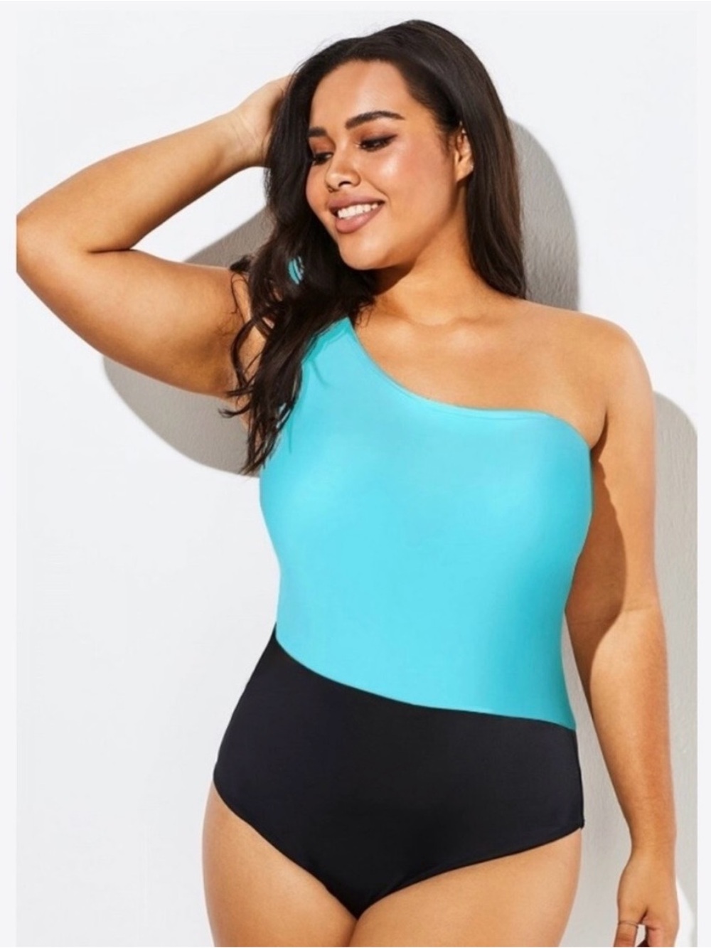 Swimsuits for All One-Shoulder Two-Tone Swimsuit in Aqua and Black. Size 20.